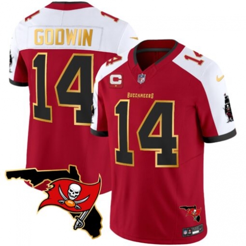 Men's Tampa Bay Buccaneers #14 Chris Godwin Red White With Florida Patch Gold Trim Vapor Football Stitched Jersey