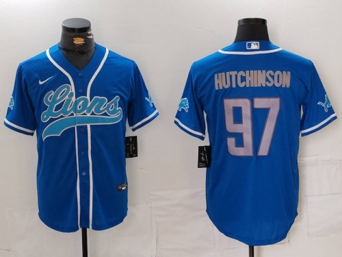 Men's Detroit Lions #97 Aidan Hutchinson Blue Cool Base Stitched Baseball Jersey