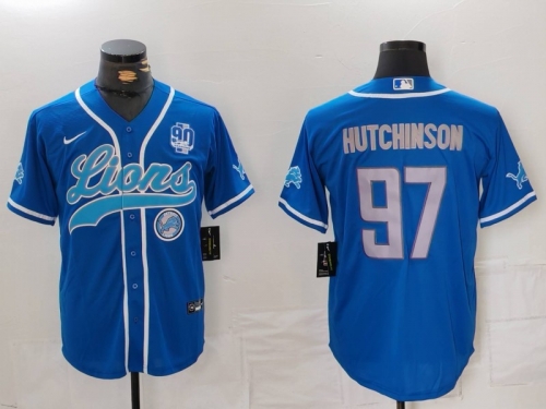 Men's Detroit Lions #97 Aidan Hutchinson Blue With 90th Patch Cool Base Stitched Baseball Jersey