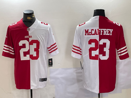 Men's San Francisco 49ers #23 Christian McCaffrey Red White Split Vapor Limited Stitched Jersey