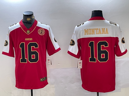 Men's San Francisco 49ers #16 Joe Montana Red Gold FUSE Gate Bridge Patch Vapor Limited Stitched Jersey