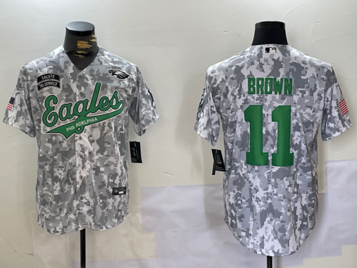 Men's Philadelphia Eagles #11 AJ Brown Arctic Camo 2024 Salute to Service Stitched Baseball Jersey