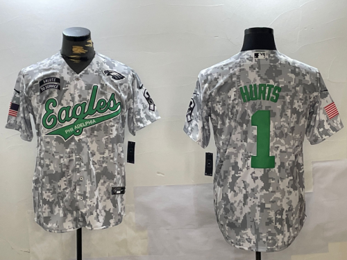 Men's Philadelphia Eagles #1 Jalen Hurts Arctic Camo 2024 Salute to Service Stitched Baseball Jersey