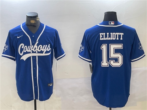 Men's Dallas Cowboys #15 Ezekiel Elliott Royal With Patch Cool Base Stitched Baseball Jersey