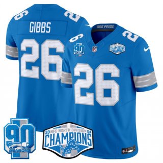 Men's Detroit Lions #26 Jahmyr Gibbs Blue 2024 NFC North Champions 90th Anniversary Patch F.U.S.E. Vapor Limited Stitched Jersey