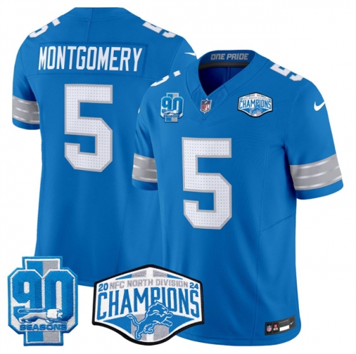 Men's Detroit Lions #5 David Montgomery Blue 2024 NFC North Champions 90th Anniversary Patch F.U.S.E. Vapor Limited Stitched Jersey