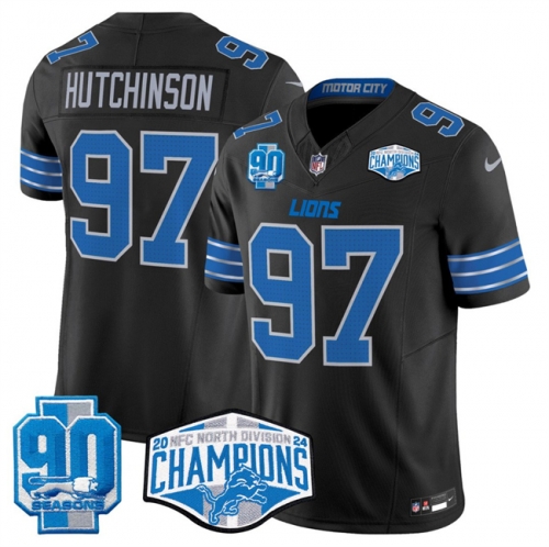 Men's Detroit Lions #97 Aidan Hutchinson Black 2024 NFC North Champions 90th Anniversary Patch F.U.S.E. Vapor Limited Stitched Jersey