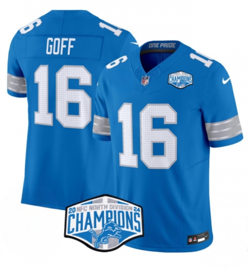 Men's Detroit Lions #16 Jared Goff Blue 2024 NFC North Champions F.U.S.E. Vapor Limited Stitched Jersey