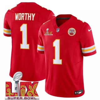 Men's Kansas City Chiefs #1 Xavier Worthy Red 2025 Super Bowl LIX Patch F.U.S.E. Vapor Limited Stitched Football Jersey