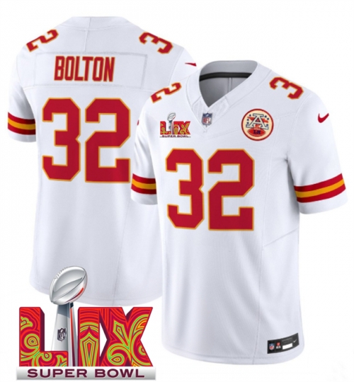 Men's Kansas City Chiefs #32 Nick Bolton White 2025 Super Bowl LIX Patch F.U.S.E. Vapor Limited Stitched Football Jersey