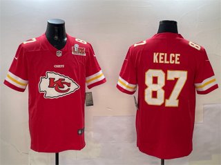 Men's Kansas City Chiefs #87 Travis Kelce Red 2025 Super Bowl LIX Patch Team Big Logo Vapor Limited Stitched Football Jersey