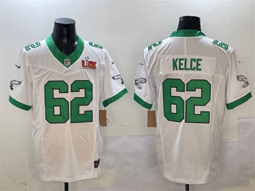 Men's Philadelphia Eagles #62 Jason Kelce White 2025 Super Bowl LIX Patch F.U.S.E. Vapor Untouchable Limited Stitched Football Jersey