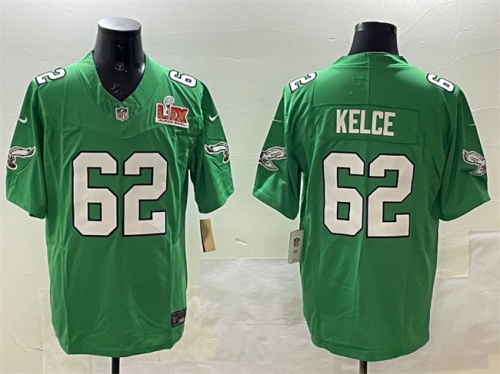 Men's Philadelphia Eagles #62 Jason Kelce Green 2025 Super Bowl LIX Patch F.U.S.E. Throwback Vapor Untouchable Limited Stitched Football Jersey