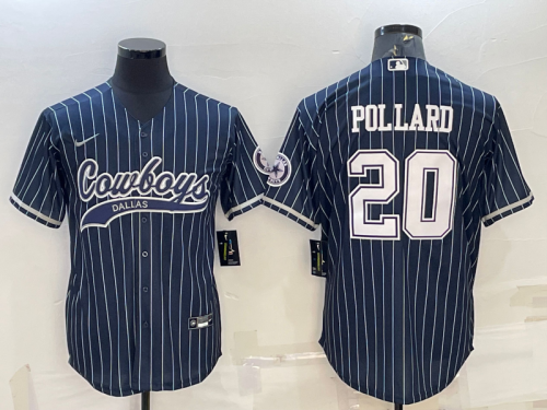 Men's Dallas Cowboys #20 Tony Pollard Navy Blue Pinstripe With Patch Cool Base Stitched Baseball Jersey