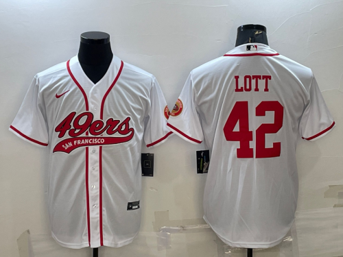 Men's San Francisco 49ers #42 Ronnie Lott White With Patch Cool Base Stitched Baseball Jersey