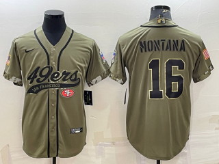 Men's San Francisco 49ers #16 Joe Montana 2022 Olive Salute to Service Cool Base Stitched Baseball Jersey