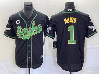 Men's Philadelphia Eagles #1 Jalen Hurts Black With C Patch Cool Base Stitched Baseball Jersey