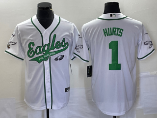 Men's Philadelphia Eagles #1 Jalen Hurts White Cool Base Stitched Baseball Jersey