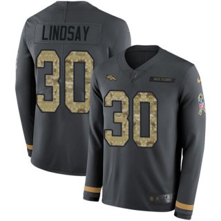 Nike Broncos #30 Phillip Lindsay Anthracite Salute to Service Men's Stitched NFL Limited Therma Long Sleeve Jersey