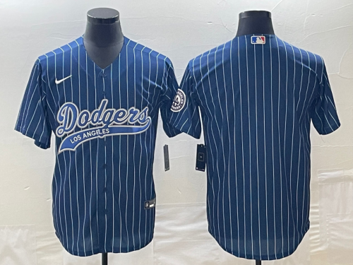 Men's Los Angeles Dodgers Blue Pinstripe Blank With Patch Cool Base Stitched Baseball Jerseys