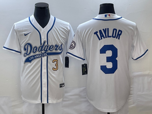 Men's Los Angeles Dodgers #3 Chris Taylor Number White With Patch Cool Base Stitched Baseball Jersey