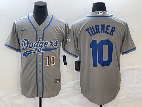 Men's Los Angeles Dodgers #10 Justin Turner Number Grey With Patch Cool Base Stitched Baseball Jersey