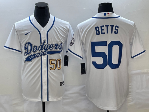 Men's Los Angeles Dodgers #50 Mookie Betts Number White With Patch Cool Base Stitched Baseball Jersey