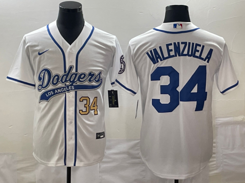 Men's Los Angeles Dodgers #34 Fernando Valenzuela Number White With Patch Cool Base Stitched Baseball Jersey