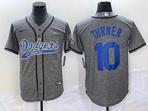 Men's Los Angeles Dodgers #10 Justin Turner Grey Gridiron Cool Base Stitched Baseball Jersey