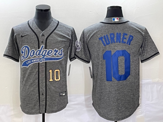 Men's Los Angeles Dodgers #10 Justin Turner Number Grey Gridiron Cool Base Stitched Baseball Jersey