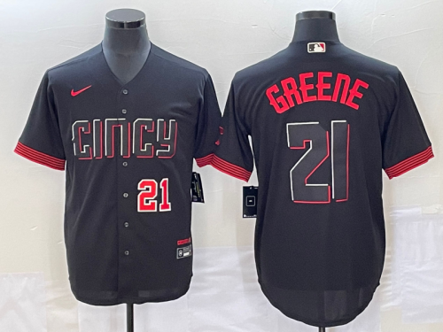 Men's Cincinnati Reds #21 Hunter Greene Number Black 2023 City Connect Cool Base Stitched Jersey1