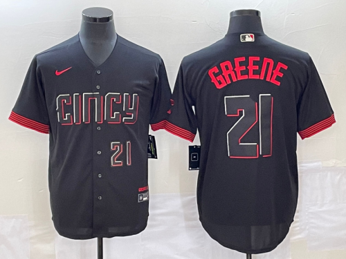 Men's Cincinnati Reds #21 Hunter Greene Number Black 2023 City Connect Cool Base Stitched Jersey2