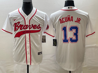 Men's Atlanta Braves #13 Ronald Acuna Jr White Cool Base With Patch Stitched Baseball Jersey1