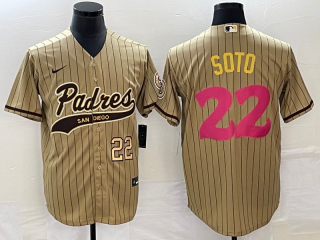 Men's San Diego Padres #22 Juan Soto Number Tan Pinstripe 2023 City Connect Cool Base Stitched Jersey