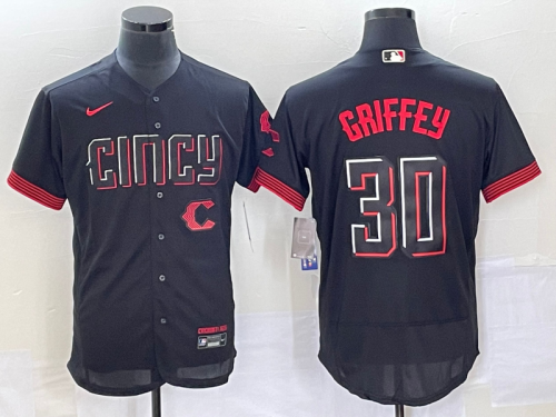 Men's Cincinnati Reds #30 Ken Griffey Jr Black 2023 City Connect Flex Base Stitched Jersey 1