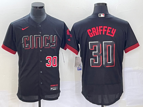 Men's Cincinnati Reds #30 Ken Griffey Jr Number Black 2023 City Connect Flex Base Stitched Jersey 1