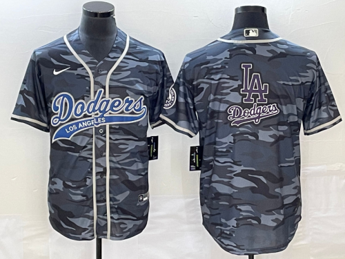 Men's Los Angeles Dodgers Gray Camo Team Big Logo Cool Base With Patch Stitched Baseball Jersey 1