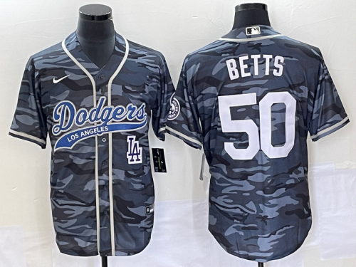 Men's Los Angeles Dodgers #50 Mookie Betts Gray Camo Cool Base With Patch Stitched Baseball Jersey