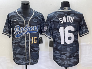 Men's Los Angeles Dodgers #16 Will Smith Number Gray Camo Cool Base With Patch Stitched Baseball Jersey