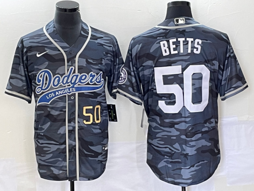 Men's Los Angeles Dodgers #50 Mookie Betts Number Gray Camo Cool Base With Patch Stitched Baseball Jersey