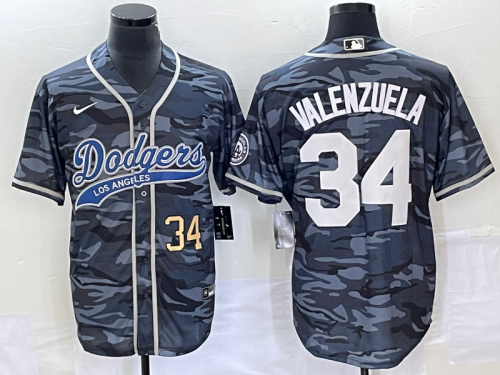 Men's Los Angeles Dodgers #34 Toro Valenzuela Number Gray Camo Cool Base With Patch Stitched Baseball Jersey