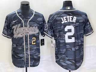 Men's New York Yankees #2 Derek Jeter Number Grey Camo Cool Base With Patch Stitched Baseball Jersey