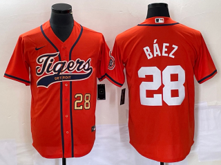 Men's Detroit Tigers #28 Javier Baez Number Orange Cool Base Stitched Baseball Jersey