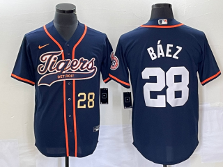 Men's Detroit Tigers #28 Javier Baez Number Navy Blue Cool Base Stitched Baseball Jersey