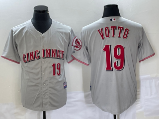 Men's Cincinnati Reds #19 Joey Votto Grey Wool Stitched Throwback Jersey