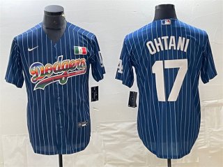 Men's Los Angeles Dodgers #17 Shohei Ohtani Navy Cool Base With Patch Stitched Baseball Jersey