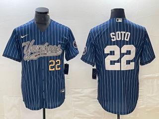 Men's New York Yankees #22 Juan Soto Number Blue Pinstripe Cool Base Stitched Baseball Jersey