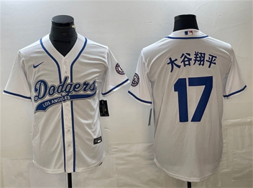 Men's Los Angeles Dodgers #17 大谷翔平 White Cool Base With Patch Stitched Baseball Jersey