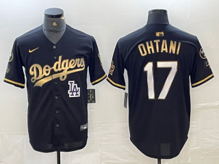 Men's Los Angeles Dodgers #17 Shohei Ohtani Black Gold Stitched Cool Base Nike Jersey