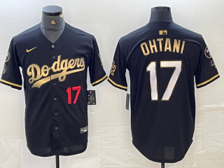 Mens Los Angeles Dodgers #17 Shohei Ohtani Number Black Gold Stitched Cool Base Nike Jersey